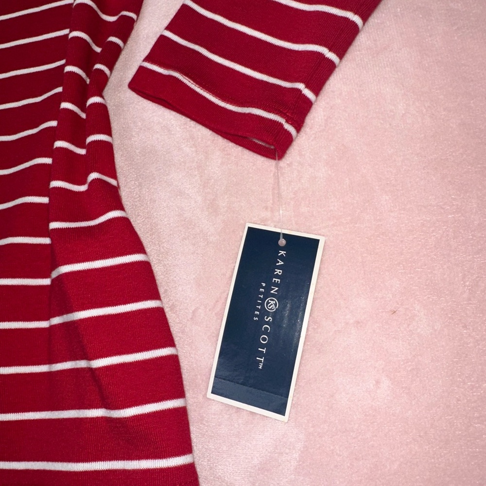 Karen Scott Christmas Red White Embellished Holiday Shirt, Petite XS (0P) NWT - Picture 9 of 9